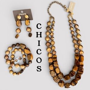 CHICO’S Tiger’s Eye Chunky Bead/Antique Brass Jewelry Set/3 NWT
